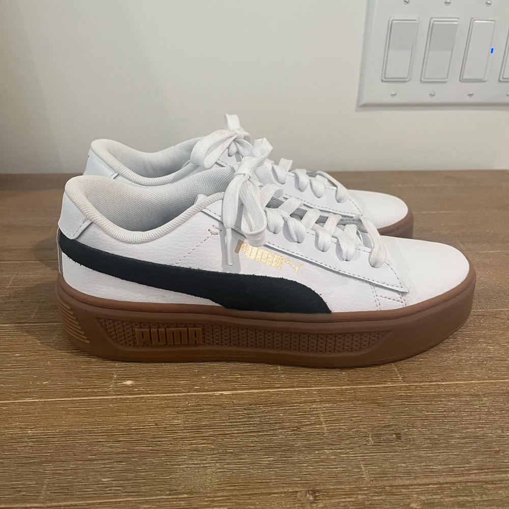 PUMA Women's White and Black Sneakers with Brown Soles